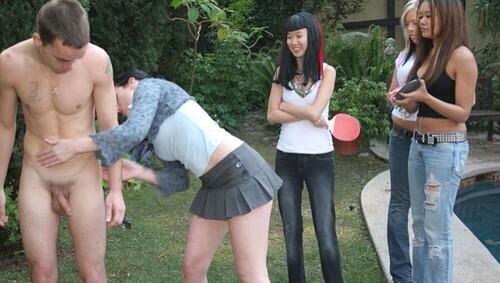 Naked man with three clothed women